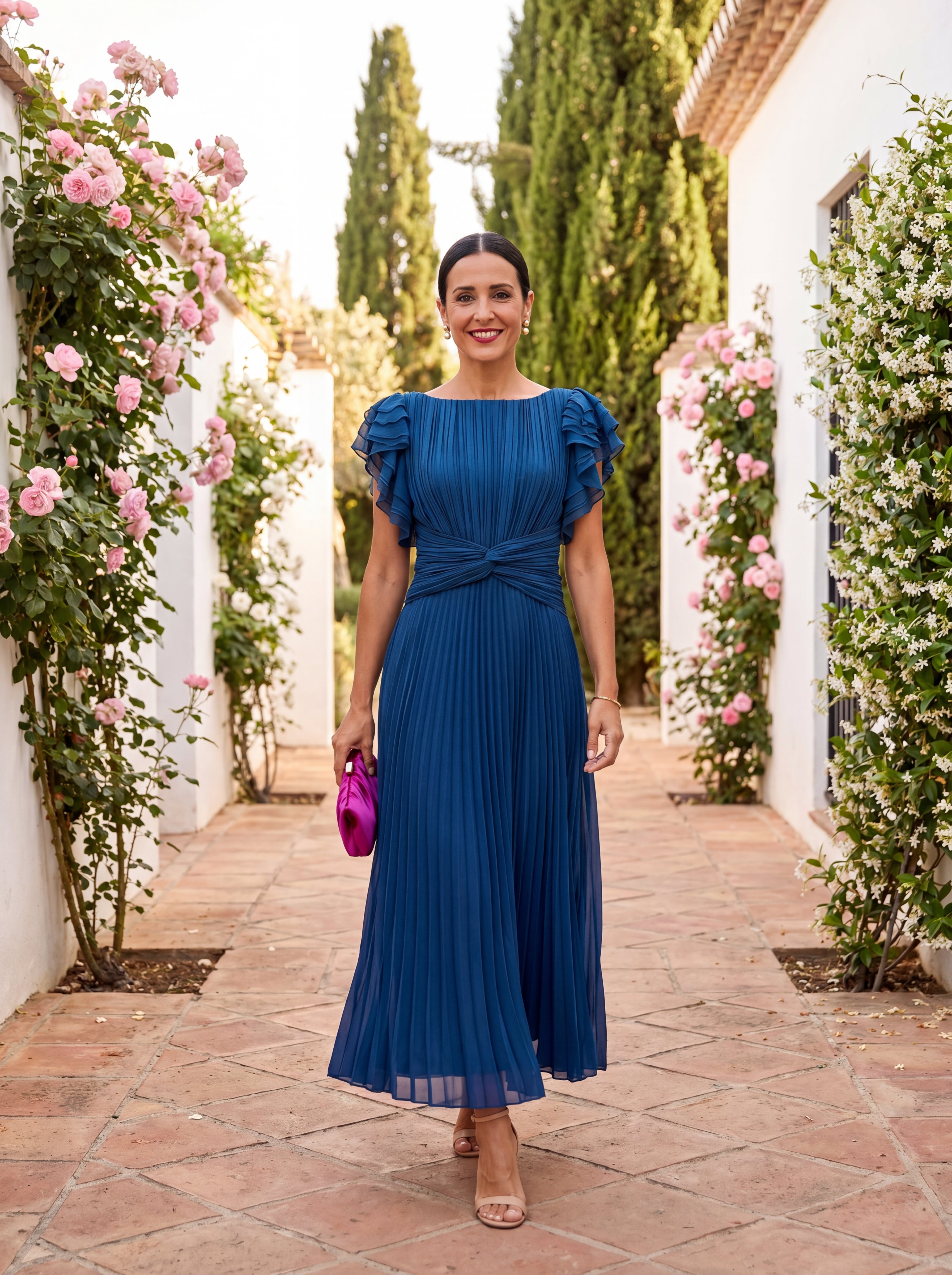 Serafina | Elegancka Maxi Sukienka Plisowana z Wiązaniem w Talii