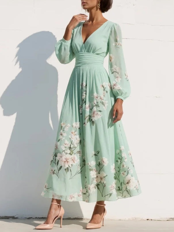 Cecylia | Sukienka Midi w Jasnozielone Kwiaty