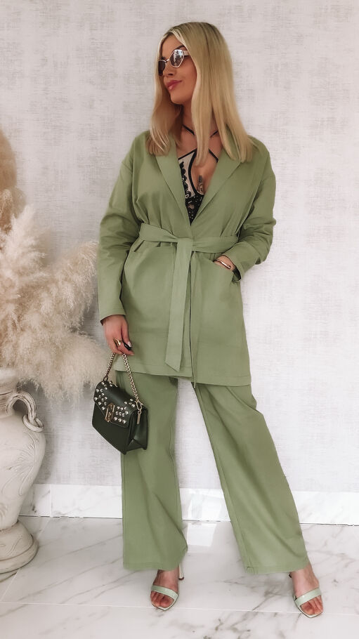 Elegancki komplet KHAKI marynarka + spodnie BAWEŁNA - M851A
