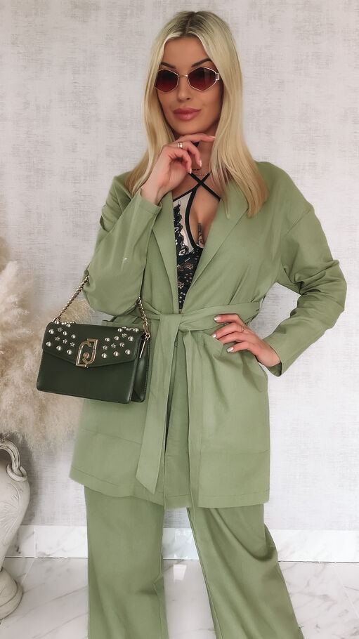 Elegancki komplet KHAKI marynarka + spodnie BAWEŁNA - M851A