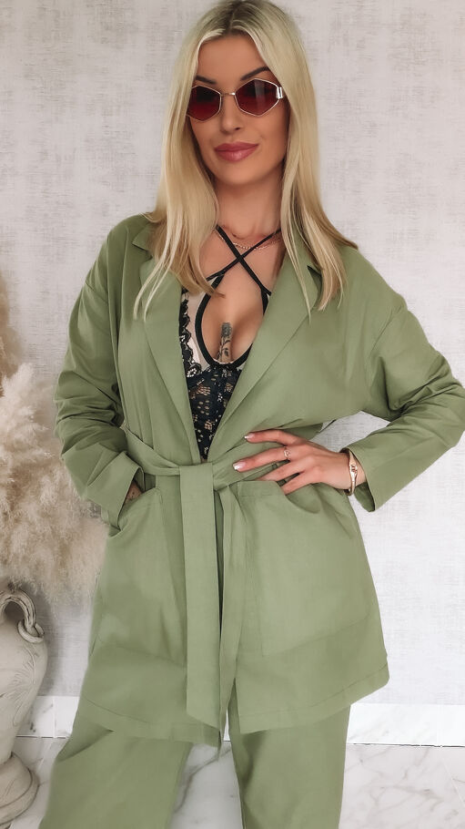 Elegancki komplet KHAKI marynarka + spodnie BAWEŁNA - M851A