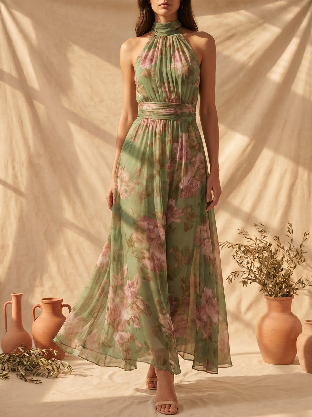 Liwia | Elegancka Kwiecista Sukienka Maxi Halter