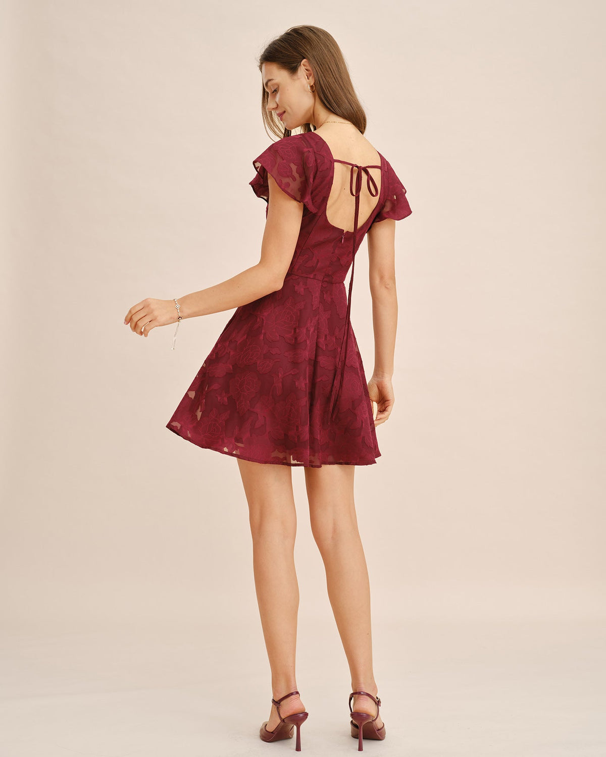 Wine Red Square Neck Jacquard Mini Dress